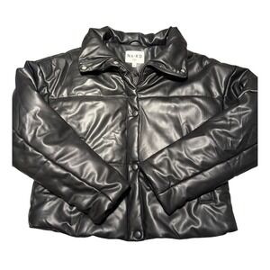NA-KD Faux Leather Puffer‎ Jacket Quilted Snap Button Black Size 38 (Medium)